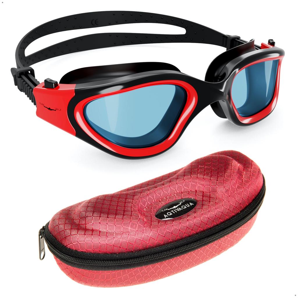 AqtivAqua Wide View Swim Goggles Special Design Case Swimming Workout Open Water Line Red + - Indoor/Outdoor