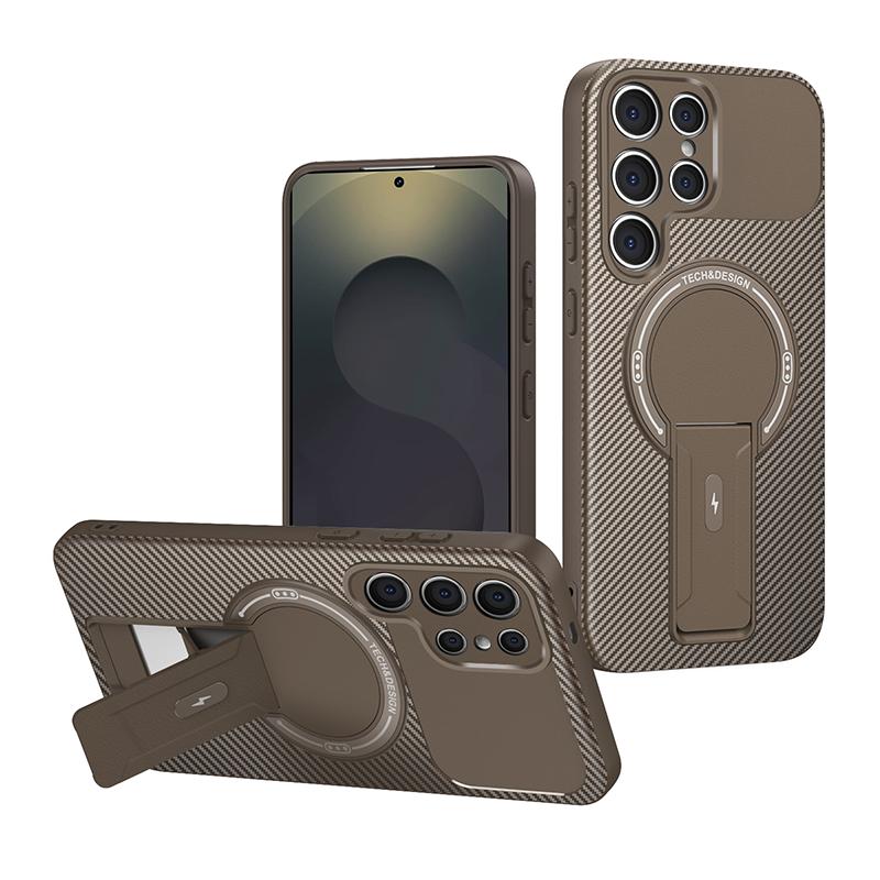 S23 Ultra Carbon Fiber Magnetic Soft Phone Case For Samsung Galaxy S23 Ultra With Kickstand Shockproof Mobile Back Cover Coque