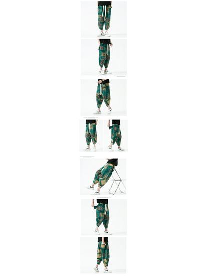 2025 Summer Men's Plus Size Ethnic Print Harem Pants - Loose Fit, Straight Leg, Drop Crotch