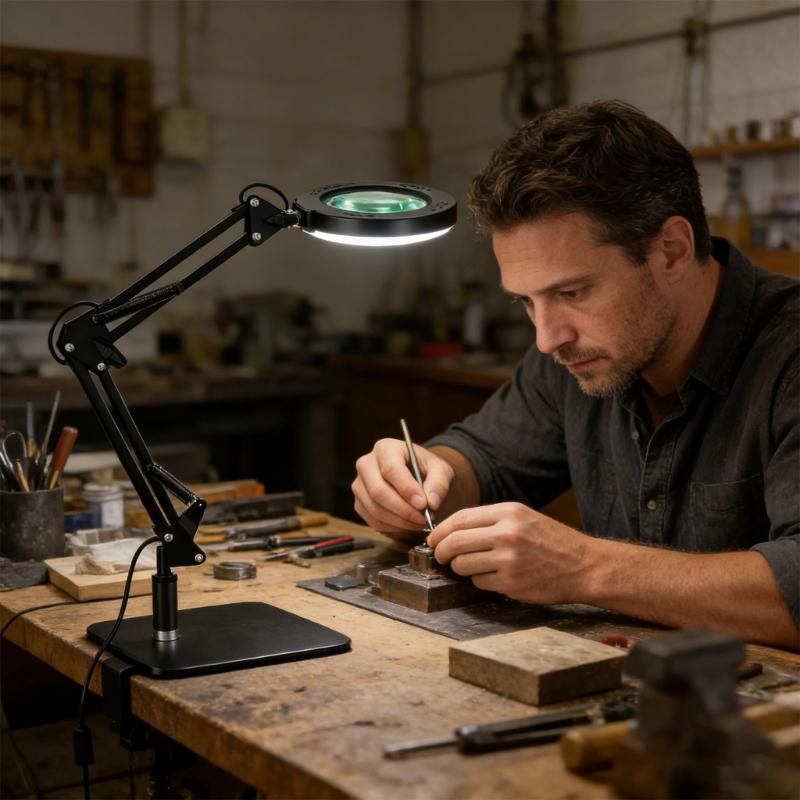 LED Adjustable Magnifying Desk Lamp With Switchable Light Direction And Strong Metal Base For Reading Jewelry Repair