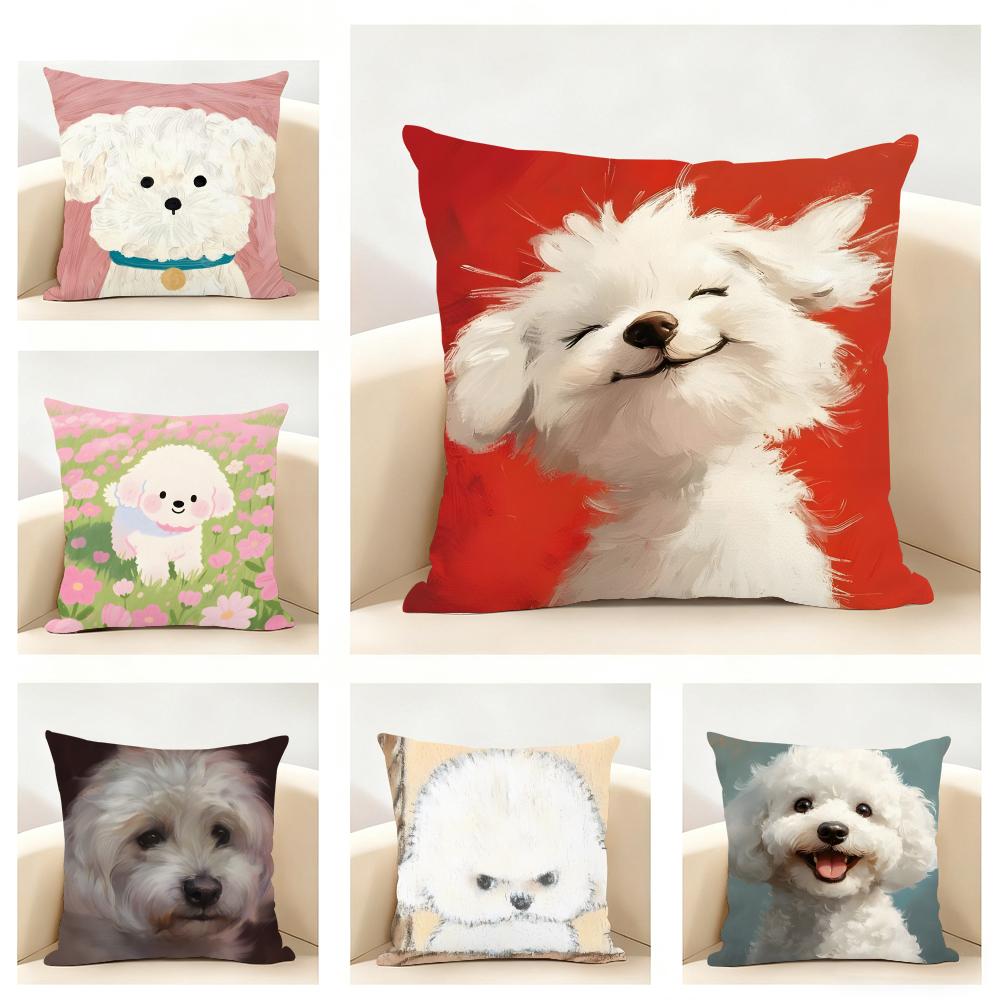 BBichon Frise Cushion Cover Linen Pillowcase Soft for Sofa Bed Home Room Decor