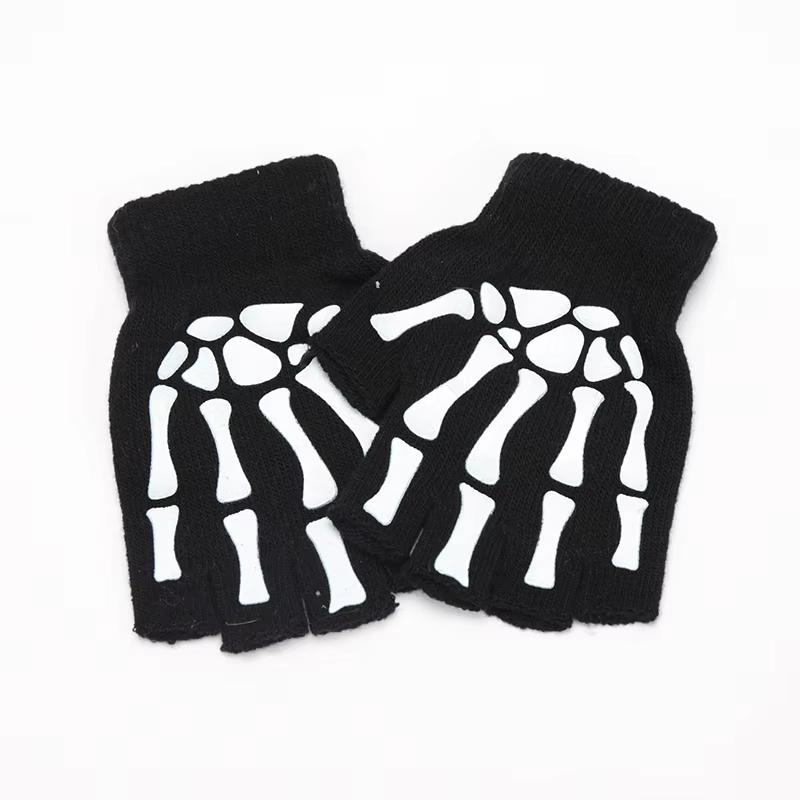 Neu Erwachsene Kinder Halloween Skelett Schädel Halb Finger Leucht Punk Handschuhe Winter