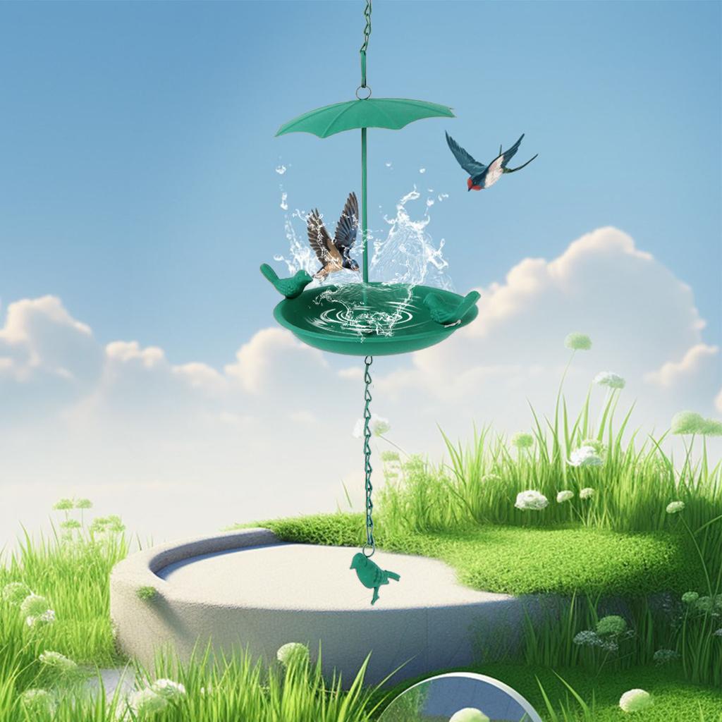 Hanging Bird Feeder Green Metal Large Capacity Umbrella Top Hanging Bath Tray for Outdoor Garden