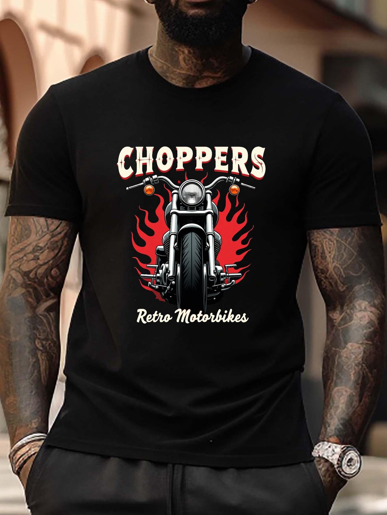 Plus Size Chopper Retro Motorbikes Graphic T-shirt - Casual Crew Neck XXXXL