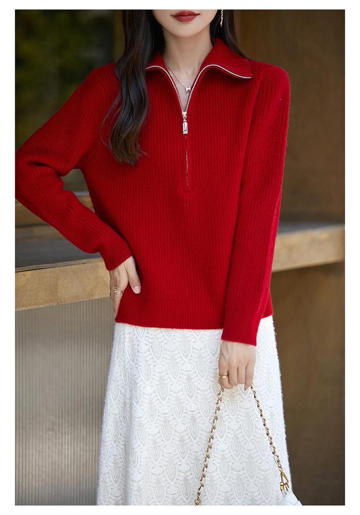 Women's Half-Zip Pure Wool Sweater - Stylish Loose-Fit Autumn Knit Top