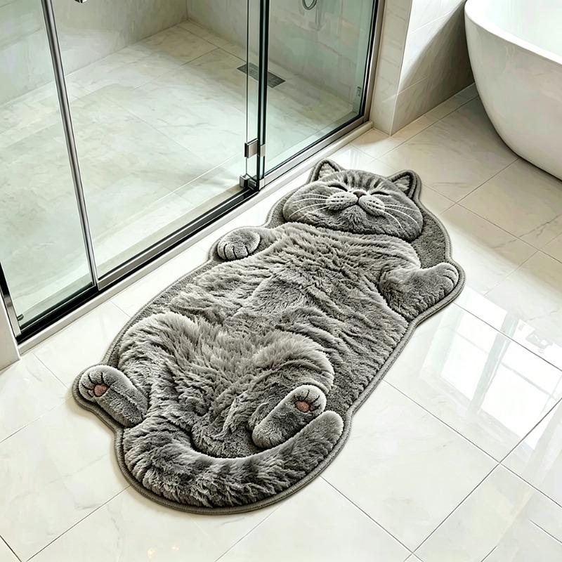 Cute Cartoon Lazy Cat Shaped Rug Soft Washable Floor Mat for Bedroom Bathroom Entrance Creative Home Decor Non Slip Carpet