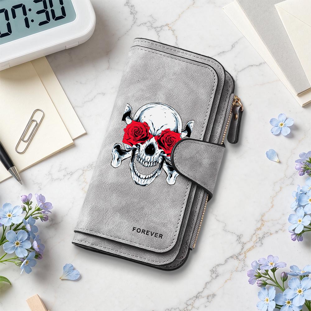 Gothic Skull Rose Long Wallet Fashion Bifold Multi Card Holder Purse