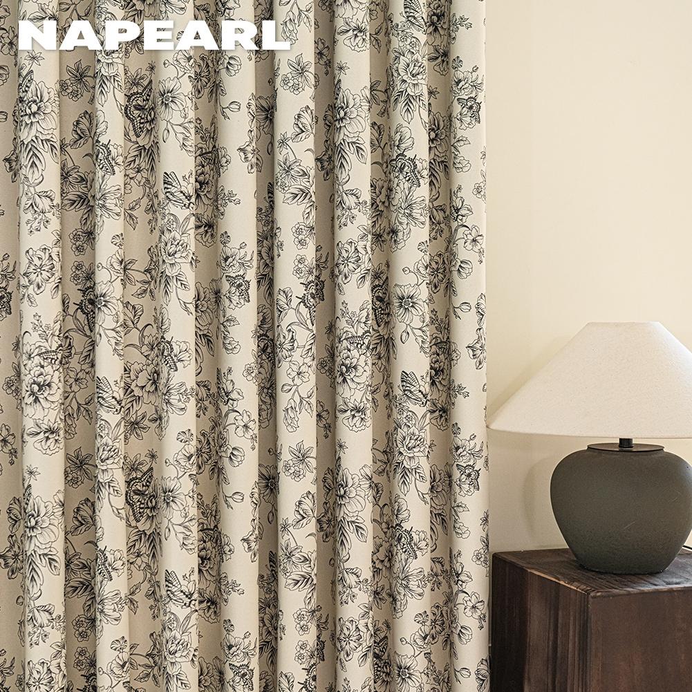 1PC NAPEARL French Retro Sketch Flower Curtain with  Aesthetic Blackout Window Treatments for Bedroom Living Room Home Decor