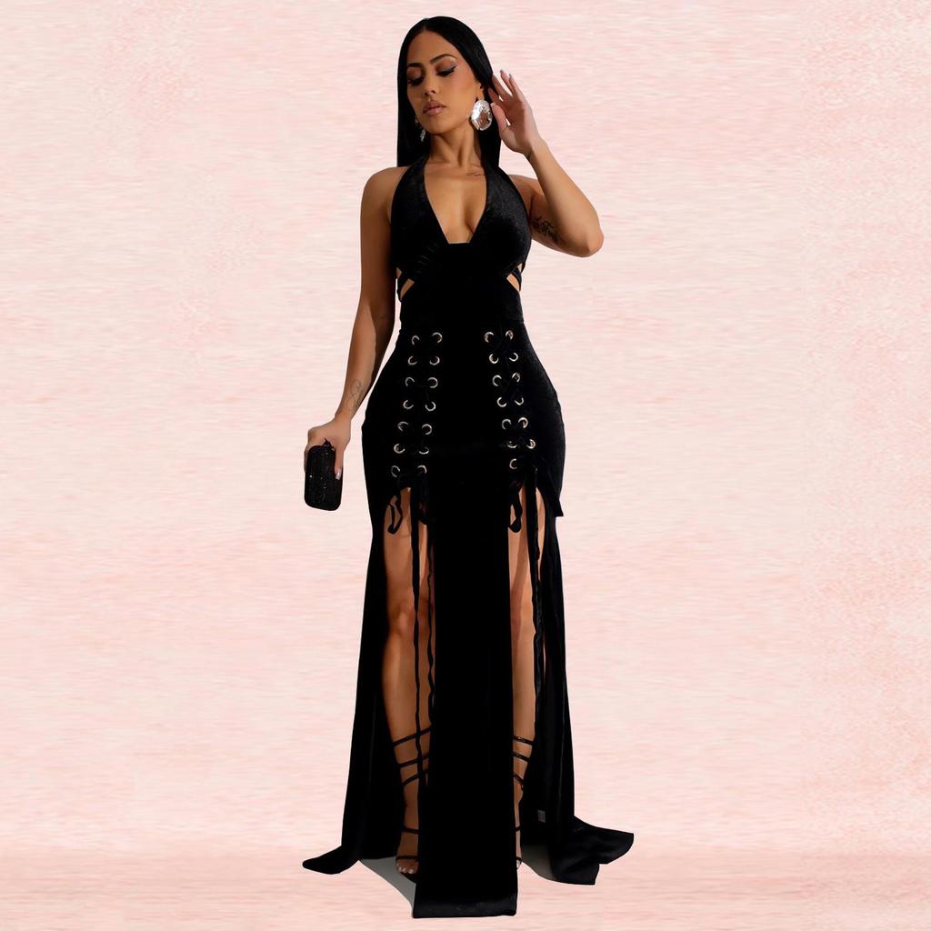 Women's Halter Backless Sexy Slit Long Dress - European and American Fashion