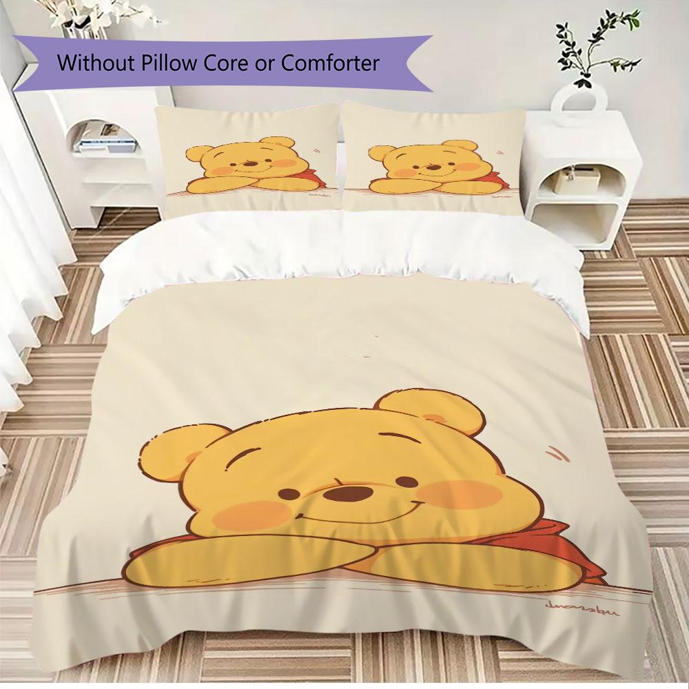 3pcs Cartoon Duvet Cover Set (1 Duvet Cover + 2 Pillowcases, Duvet Insert Not Included), Cute Winnie the Pooh Print Bedding Set.