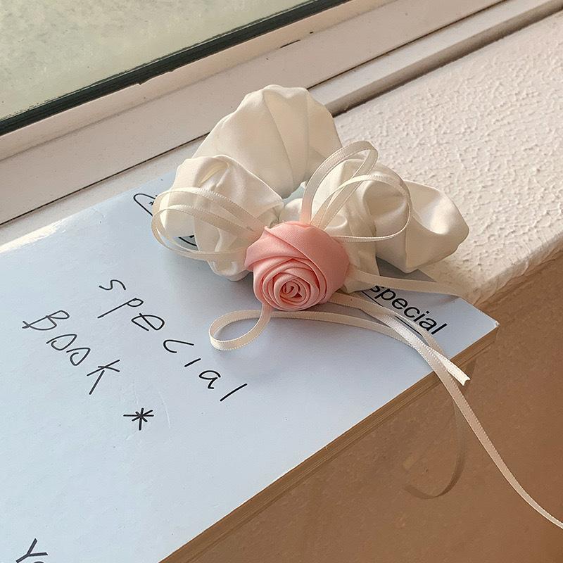 

White Tea Pink Rose Flower Hair Scrunchies Korean Bow Ribbon Hair Ties Elegant Girly Hair Accessories with Ribbon Rubber Bands