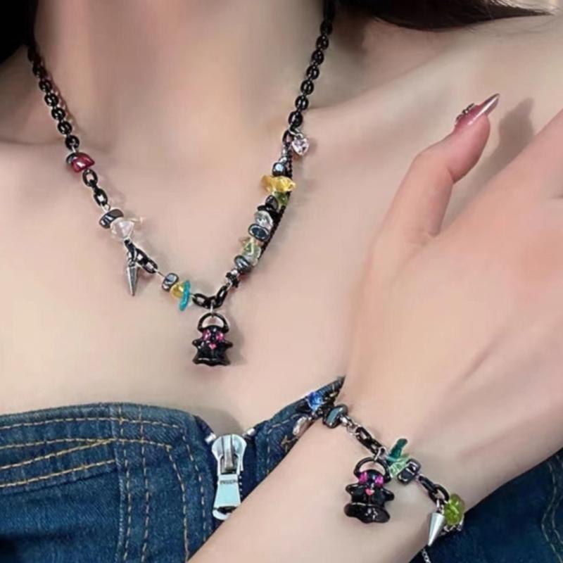 Adjustable Collarbone Chain Colorful Specter Pendant Necklace Stylish Beaded Bracelet Perfect for Fashion Enthusiasts