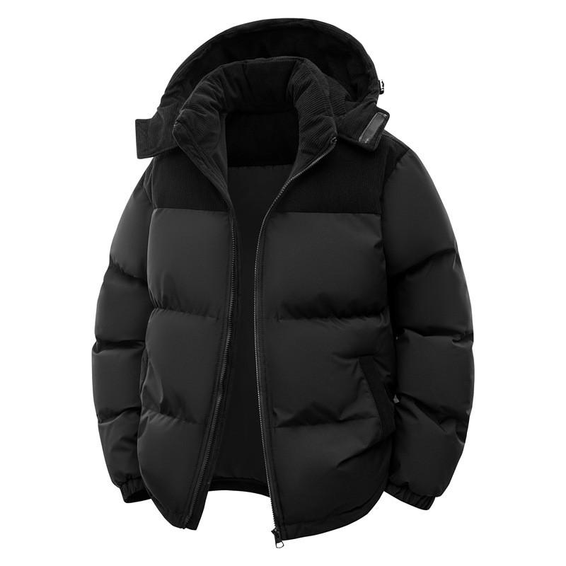 Mens Winter Warm Thick Cotton Puffer Jacket With Hood Color-Block Design Faux Fur Trim Loose Fit Casual Outdoor Wear