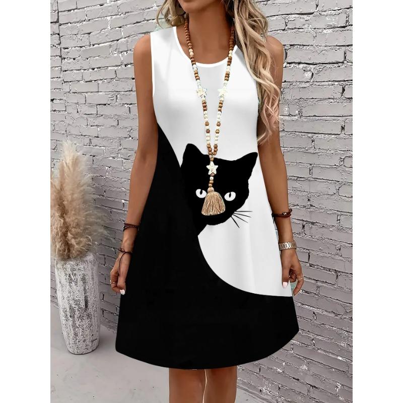 [Plus Size Cat Dress] Plus Size Women's Stylish And Elegant 3D Two-Tone Cat Print Tank Dress