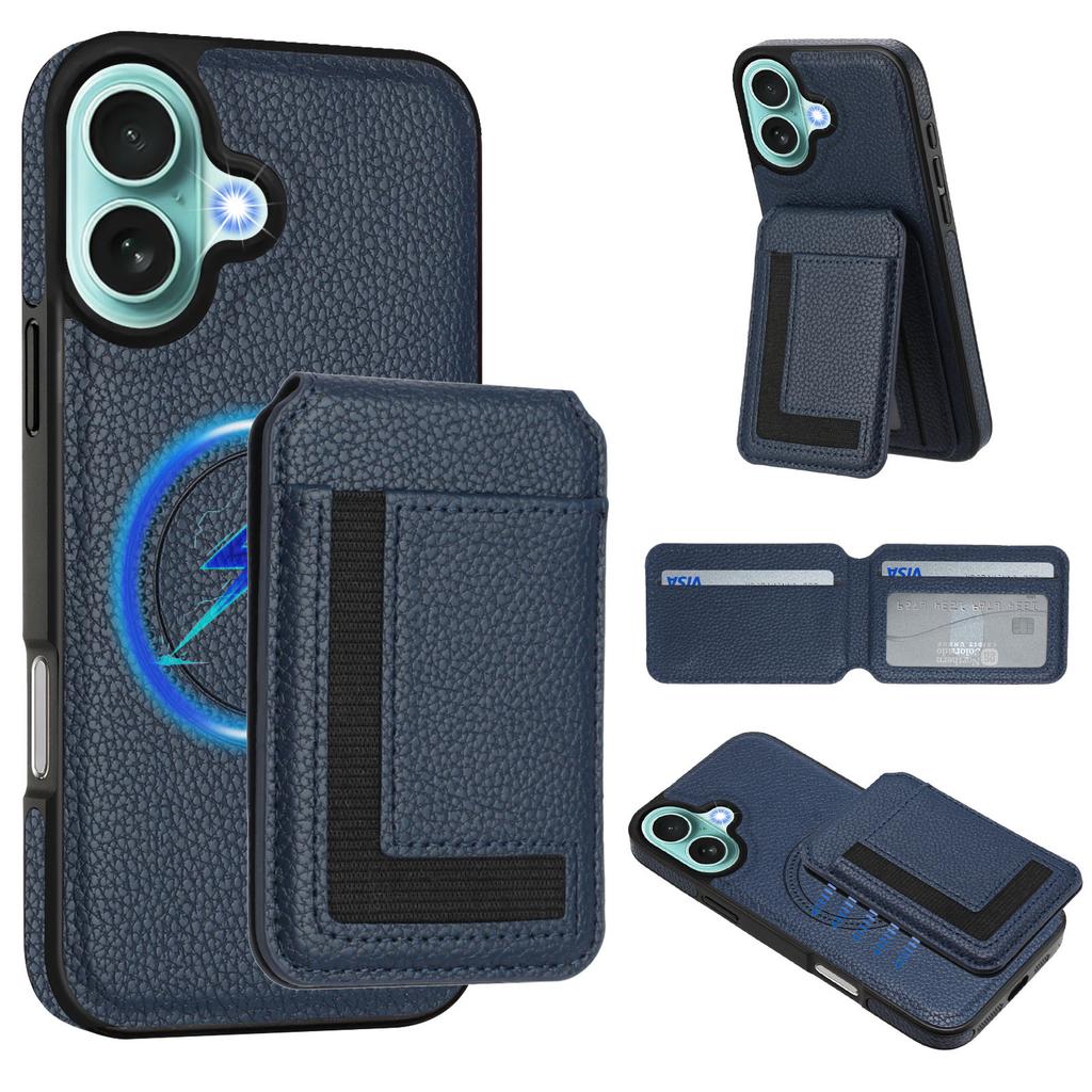 Applicable to iPhone16 mobile phone case, Samsung S25 lychee pattern wireless charging magnetic card bag bracket multi-function anti-drop