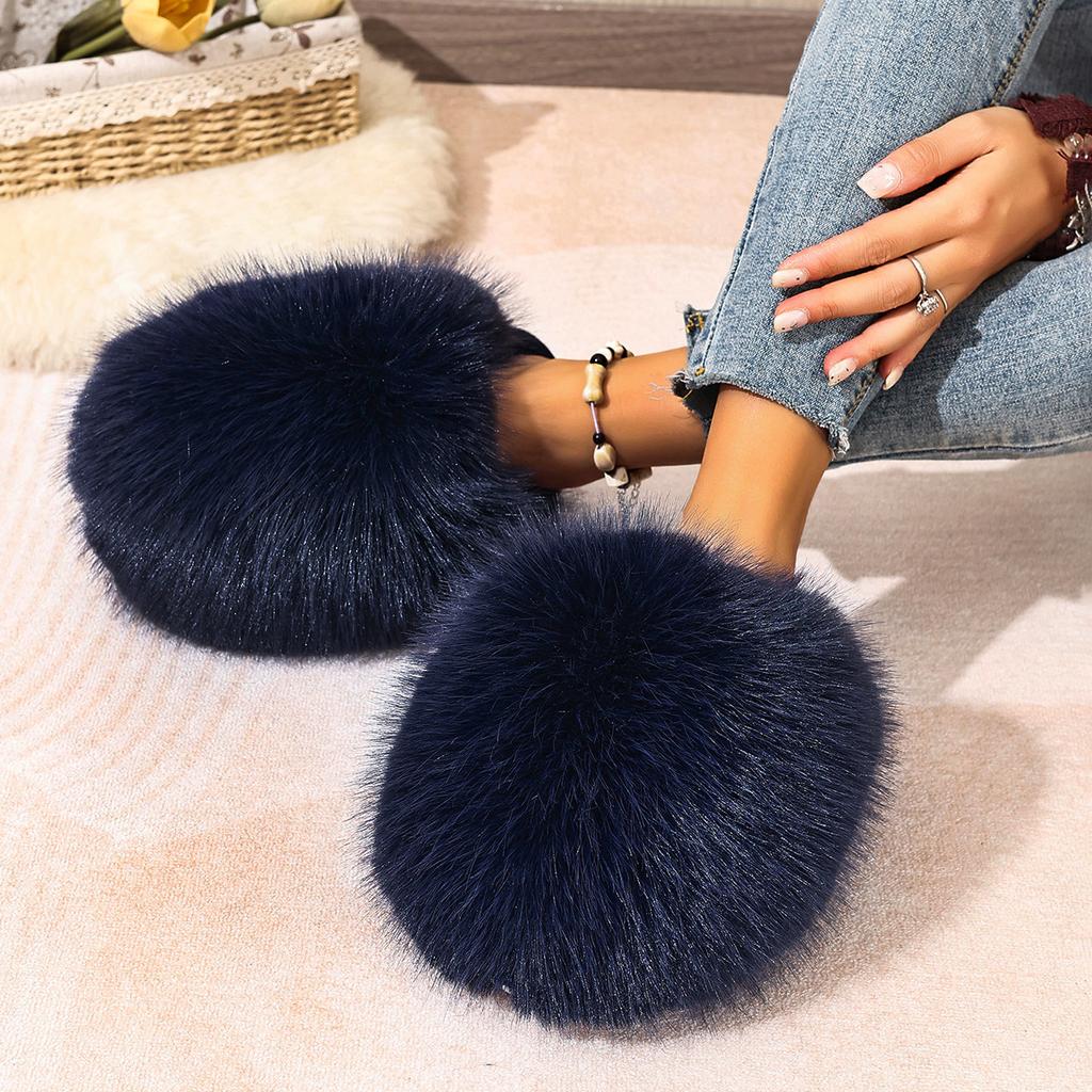 Korean Style Faux Fur Slippers with Non-Slip Rubber Sole