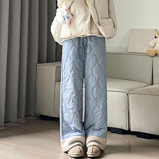 Women Cotton Pants Elastic High Waist Solid Color Wide Leg Causal Trousers with Pockets Thickened Plush Lining Winter Pants