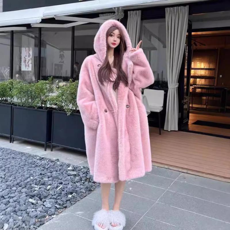 Winter new hooded loose long fur coat environmentally friendly fur integrated imitation mink fleece fur coat