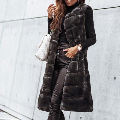Women's Solid Color Vest Round Neck Plush Warm Sleeveless Long Vest Coat