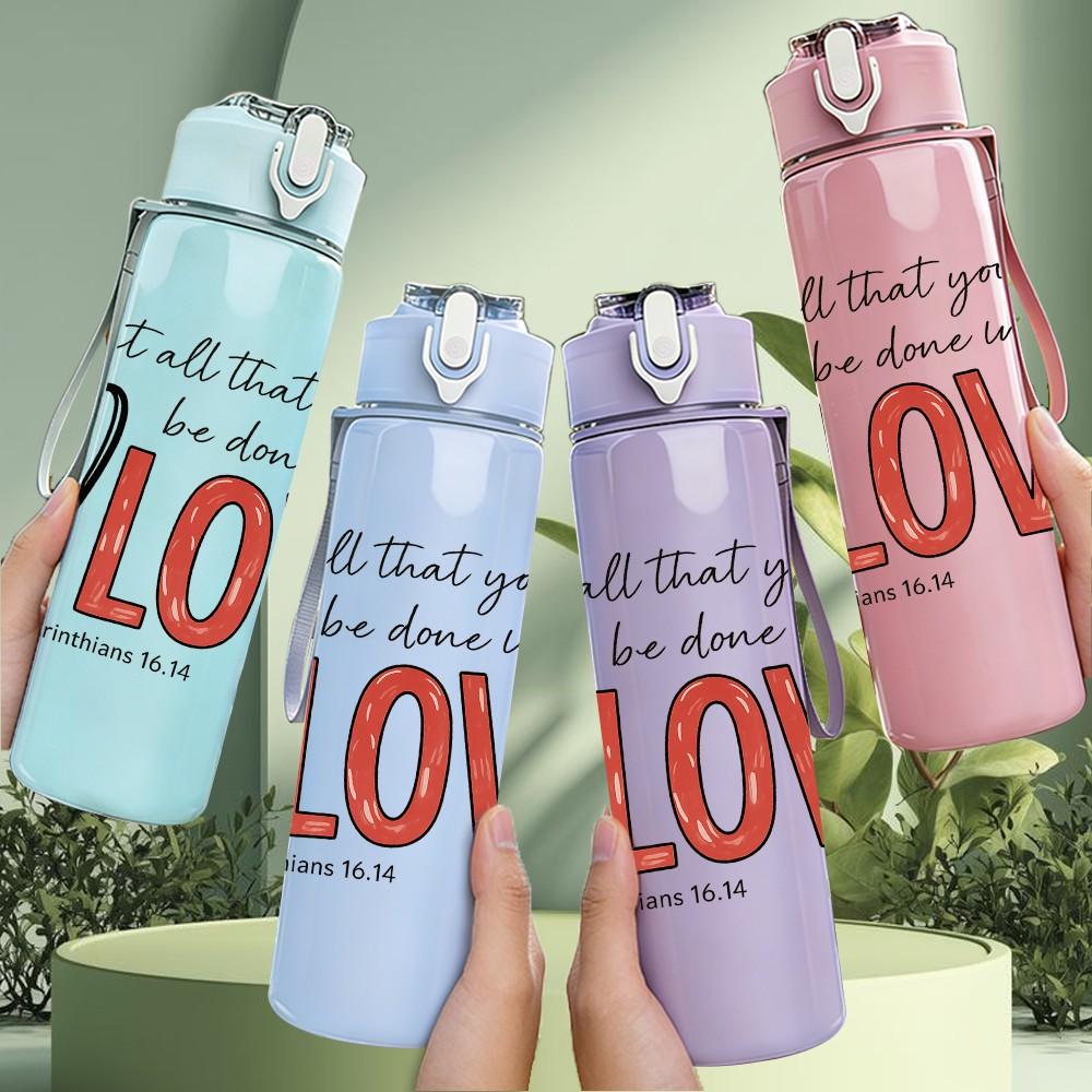 1PC V Love Quote Floral Letter 750ml Color Plastic Sports Water Bottle Leakproof Flip Straw Lid Suitable for Sports Office Home Use