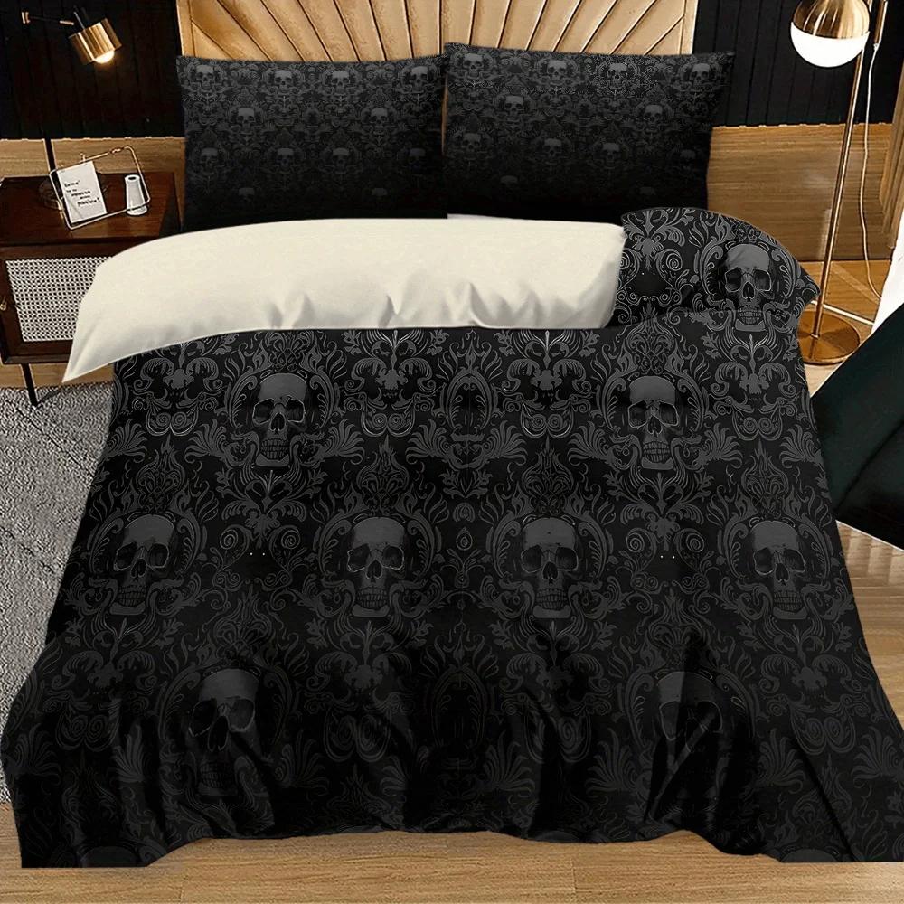 3pcs Black Skull Pattern Digital Printed Quilt Set- Includes 1 Quilt Cover and 2 Pillow Cover (without Filler)
