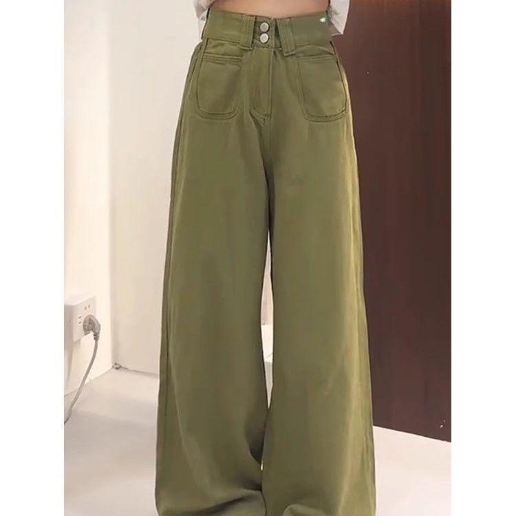 Moteriktige, løstsittende denimbukser med vide ben til dame, avslappede grønne lange bukser