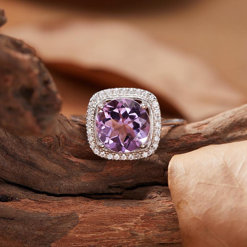 Natural Color Treasure Amethyst Citrine Ring Women'S S925 Sterling Silver Sugar Cube Index Finger Ring Xiaohongshu Model