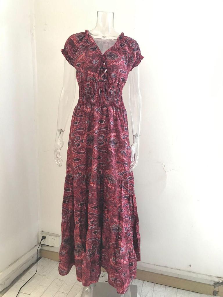 Bohemian V-Neck Maxi Dress with Cinched Waist and Retro Print