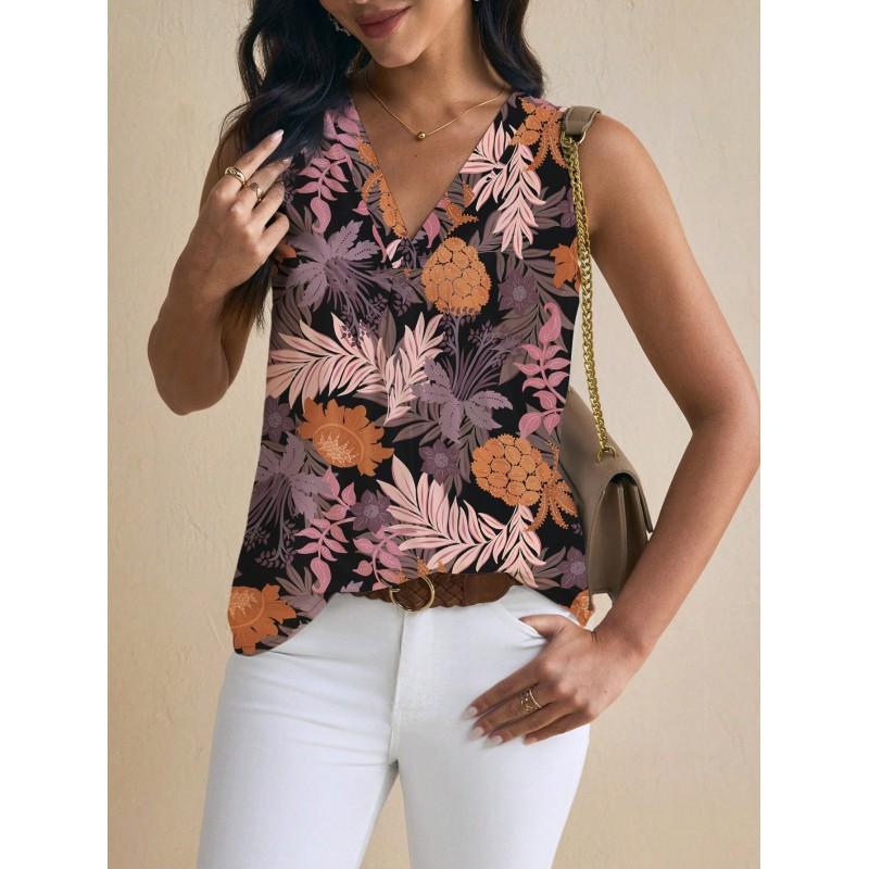 Womens Vintage Floral Print Sleeveless V-Neck Top Comfortable Casual Blouse Soft Cotton-Like Fabric 2025