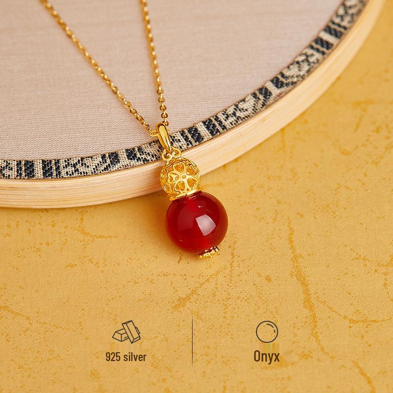 S925 Sterling Silver Fu Gourd Carnelian Pendant Necklace - Women's Chinese Style, Elegant Fresh Fashion Clavicle Chain