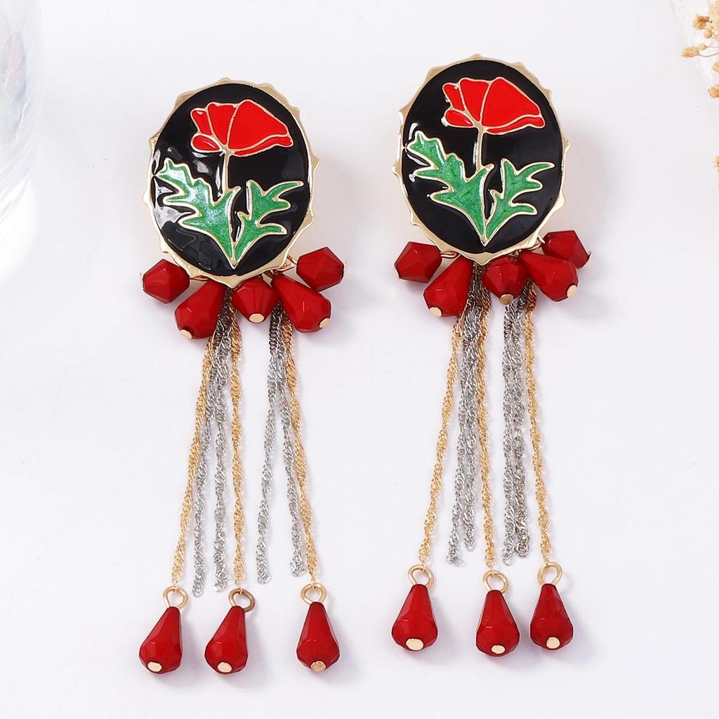 Literary retro exquisite creative design sense alloy dripping oil flower fringe geometric water drop pendant earrings