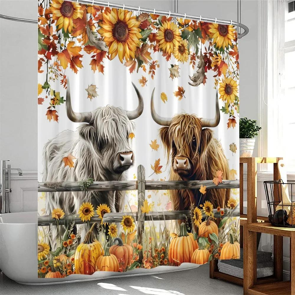 Landhaus Badezimmer Duschvorhang Dekorativ Kuh Sonnenblume Blume Kürbis Herbst Polyester Badewannenvorhang