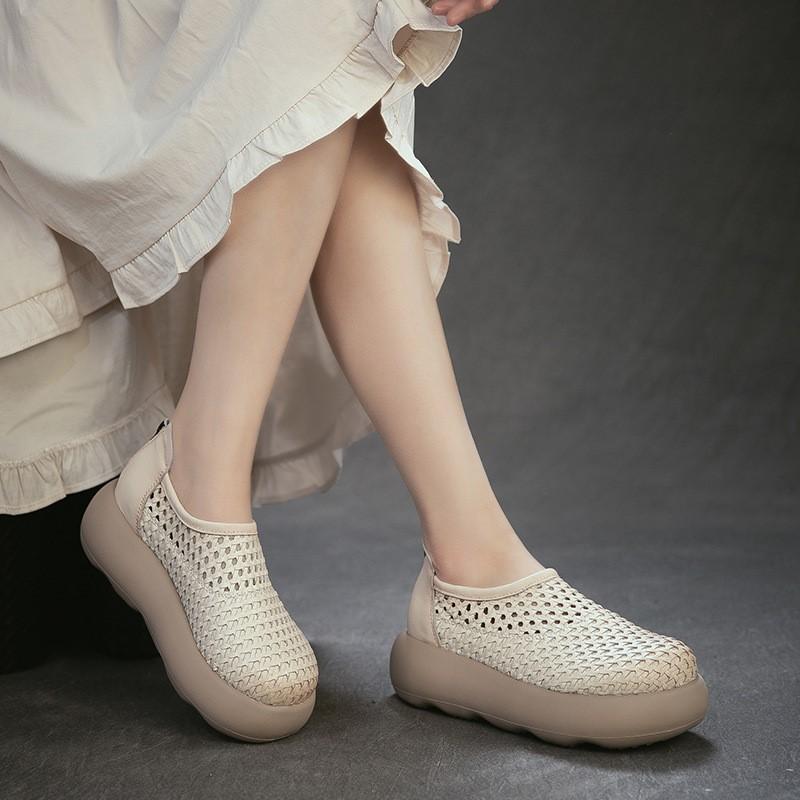 Johnature Retro Hollow-out Breathable Woven Genuine Leather Thick Soled Sandals Simple Women's Platform Shoes