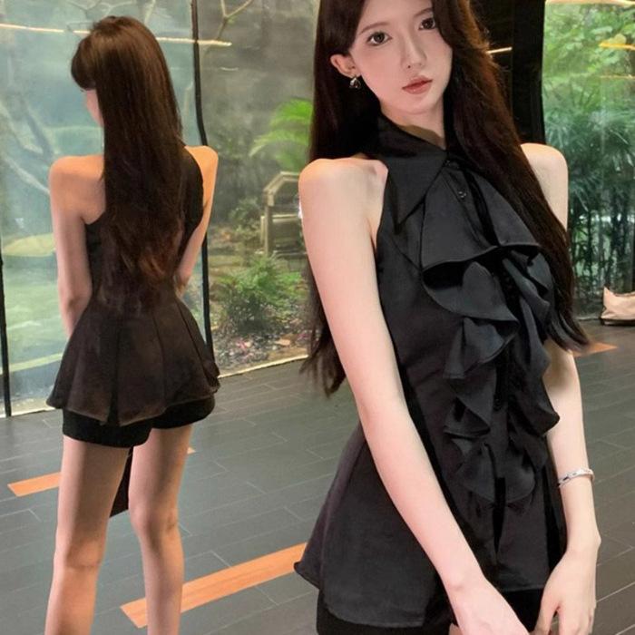 Ruffle Edge Sleeveless Shirt Top Women's Summer French Temperament Medium and Long Waist Slim Shirt Short Skirt