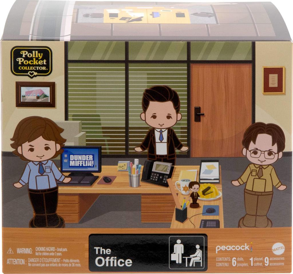 Polly Pocket x The Office Kompaktbox Enthält 6 Spielfiguren und 9 Ein Sammel-Partnerschaftsspielzeug mit einem Kaffee-Spielset-Zubehör. Tasse.