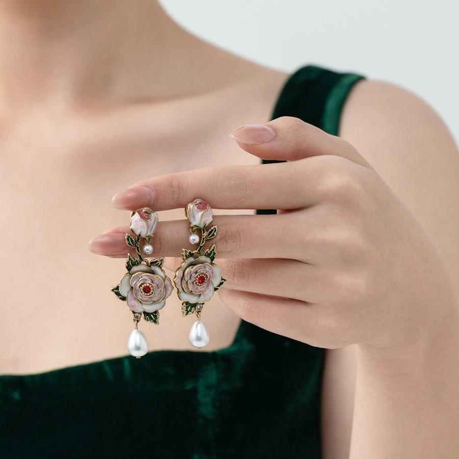 Medieval vintage fashion temperament enamel glaze white peony flower pearl fringed pendant earrings sweet earrings