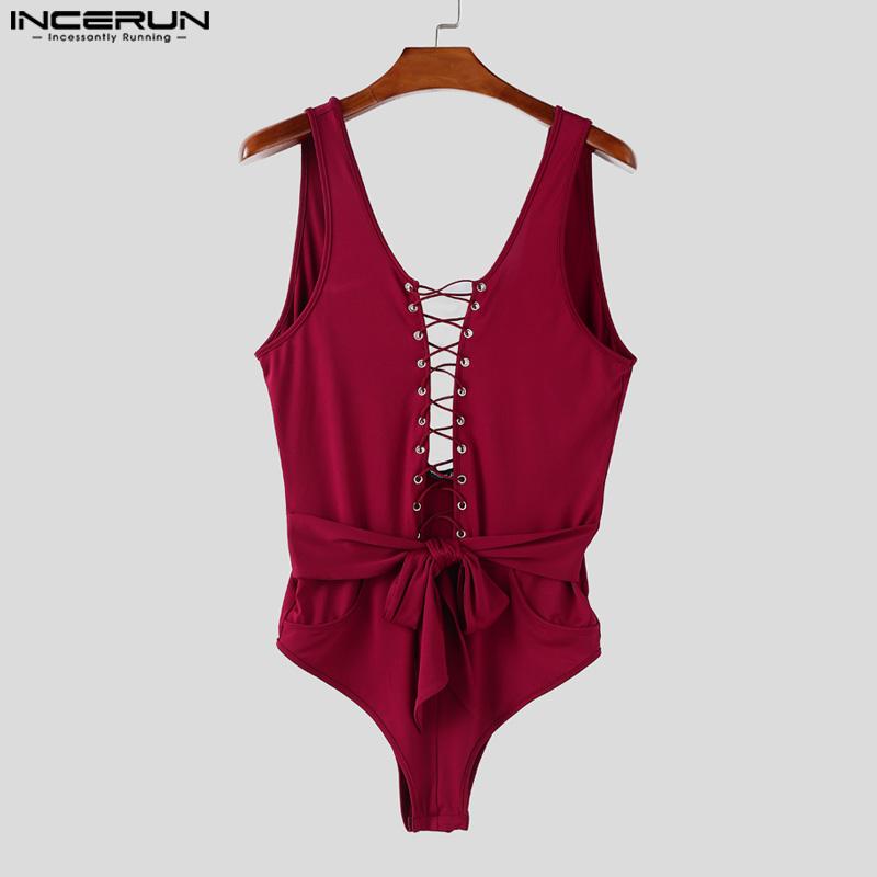 INCERUN Macacões Bodysuits Justos Sem Mangas Vazados com Bandagem e Renda com Cordões Masculinos
