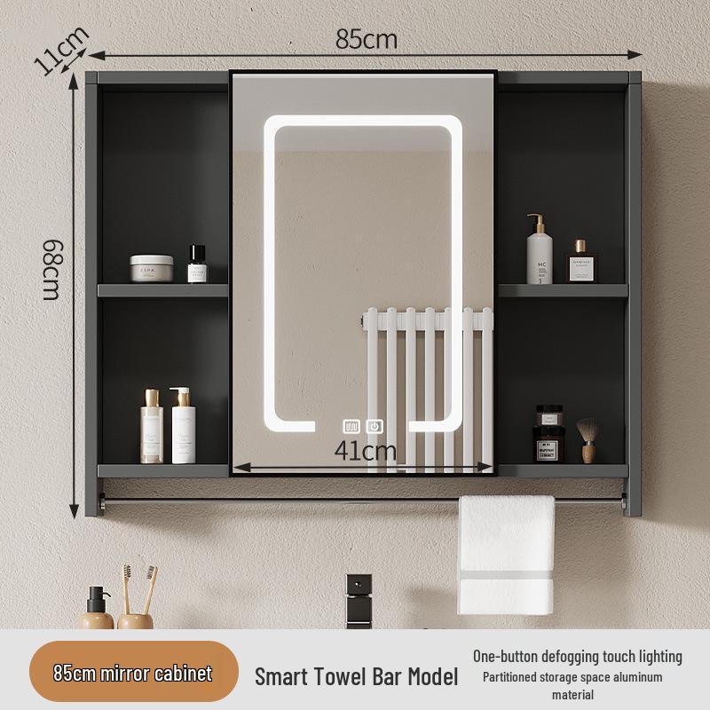 40cm x 50cm Space Aluminum Smart Mirror Cabinet with Lights & Defogging, Punch-Free Wall-Mounted for Small Bathrooms