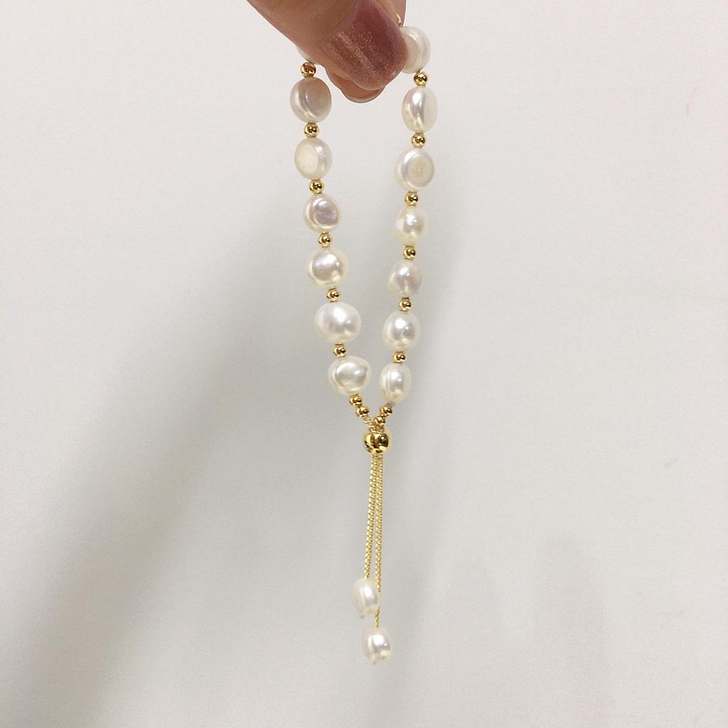 8-9mm Baroque Natural Freshwater Pearl Bracelet Adjustable Sliding Pull Chain with Tassel Pearl Elegant Women Hand Jewelry Bulk
