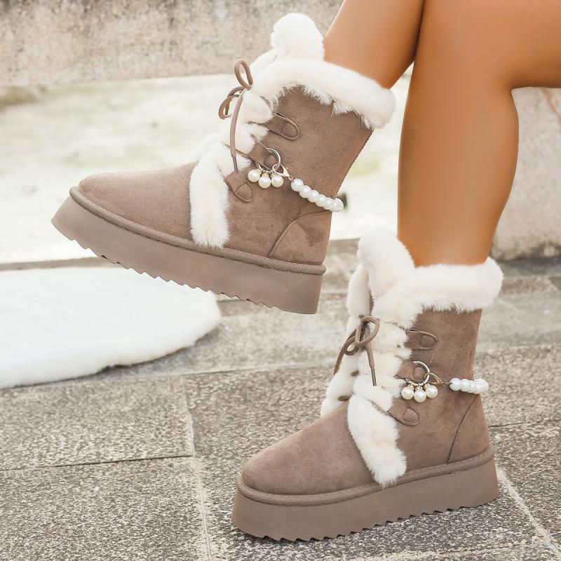 Non Slip Thick Bottom Furry Snow Boots Women 2025 Winter Pearl Bead Fluffy Fur Ankle Boots with Platform Warm Plush Suede Shoes