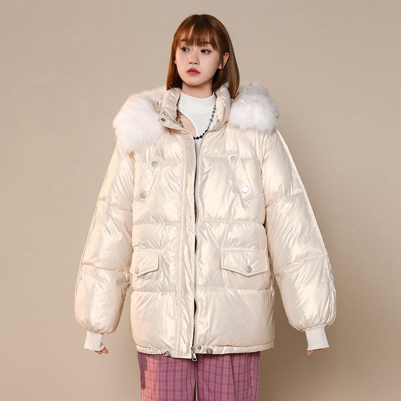 No-wash Down Cotton Jacket for Women Winter New Style Korean Style Fashion Glossy Cotton Jacket Loose Big Fur Collar Jacket