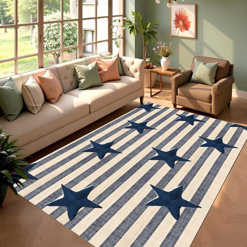 Farmhouse Style Floor Rug Navy Blue Star Striped Vintage Patriotic Stylish Decor Area Rug for Indoor Living Space Home Ornament