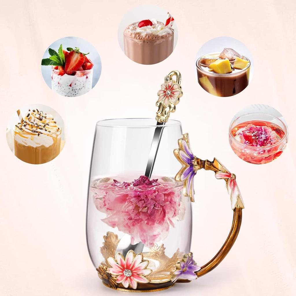 Glass Coffee Enamels Mug with Steel Spoon ,Best Birthday Valentines Gifts for Women,Enamel Flower Lead-free Glass Coffee Mugs Tea Cup