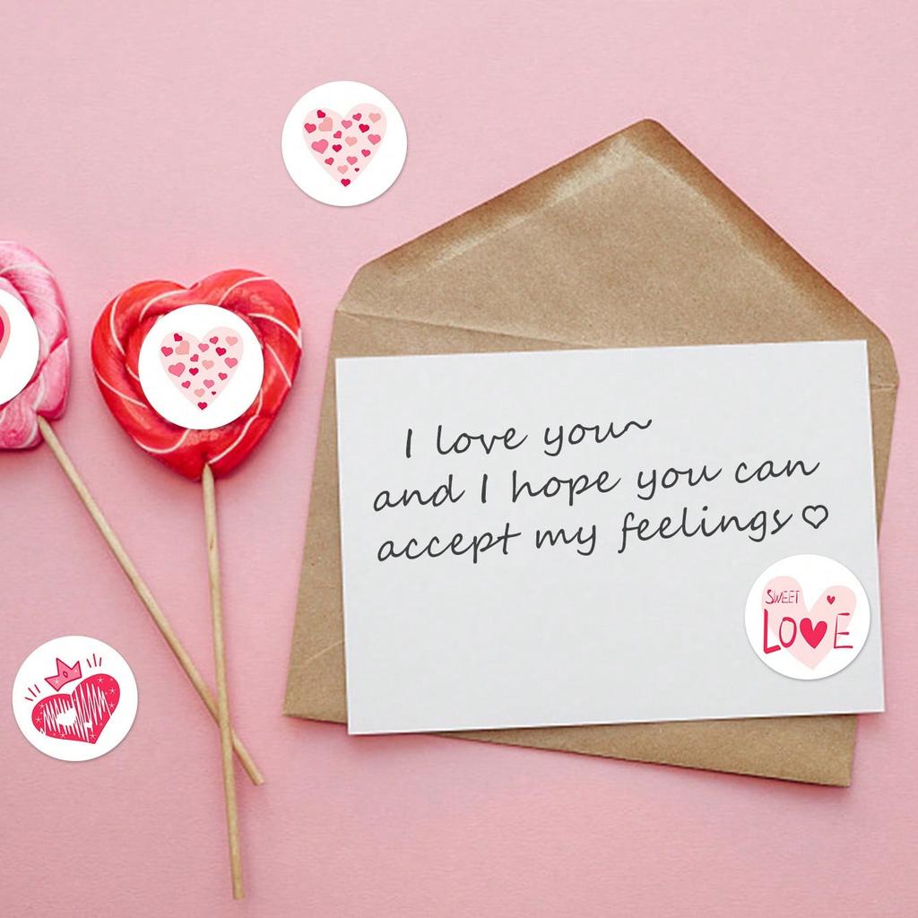 500 Sheets Per Roll - Valentine's Day Heart Stickers, Love Letters Greeting Cards Envelopes, Flower Bouquet Sealing Stickers