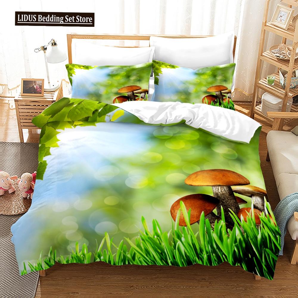 Mushroom Duvet Cover Set King Queen Size Star Purple Blue Trippy Mushroom Pattern Cartoon Polyester Bedding Set For Kid Boy Girl