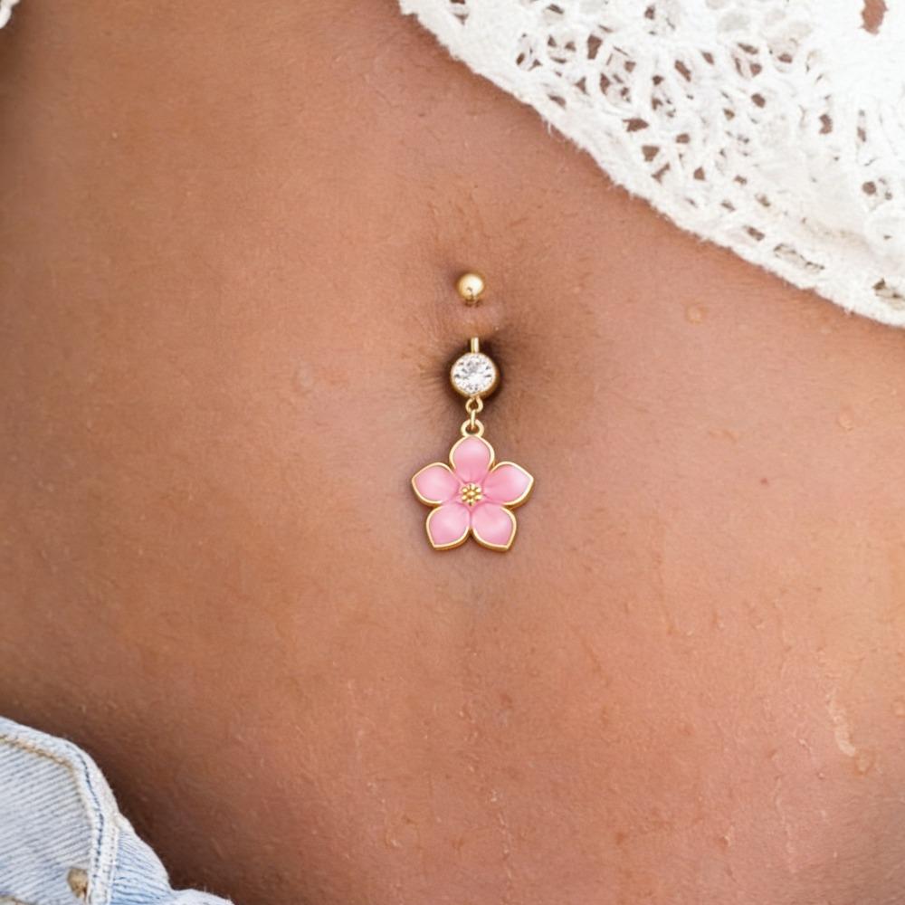 Süßer Sexy Bunter Blume Runde Zirkon Edelstahl Bauchnabelring für Damen Urlaubs Piercing Bauchnabelstecker Körperschmuck