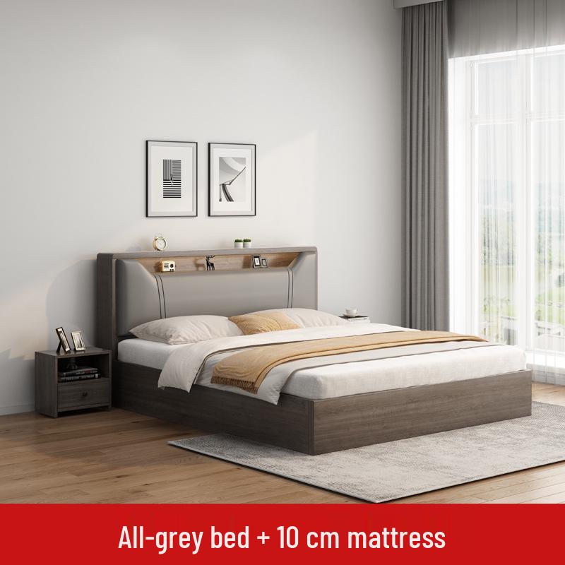 Modern Minimalist Solid Wood Panel Bed - Double (1.8m) or Single (1.2m) for Master Bedroom or Rental Room