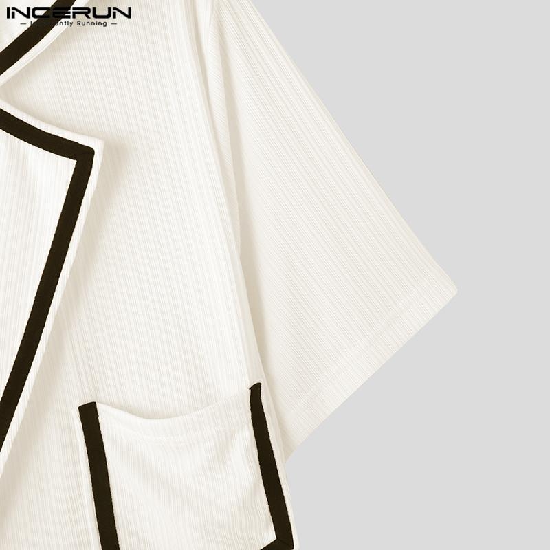 INCERUN Oversized Men Lapel V Neck Stitching Casual Summer T-shirts Tops