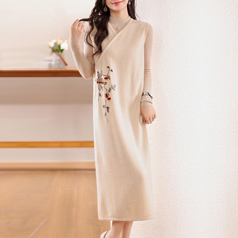 Dámské kašmírové šaty Qinghe kašmír 30% kašmír 70% vlna podzimní a zimní kašmírová sukně měkká a teplá