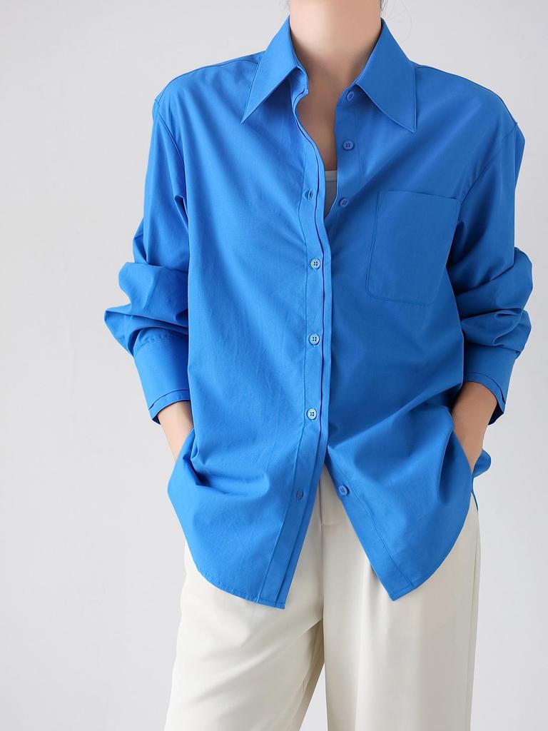 Damen blaues zweireihiges Langarm-Tencel-Baumwollhemd